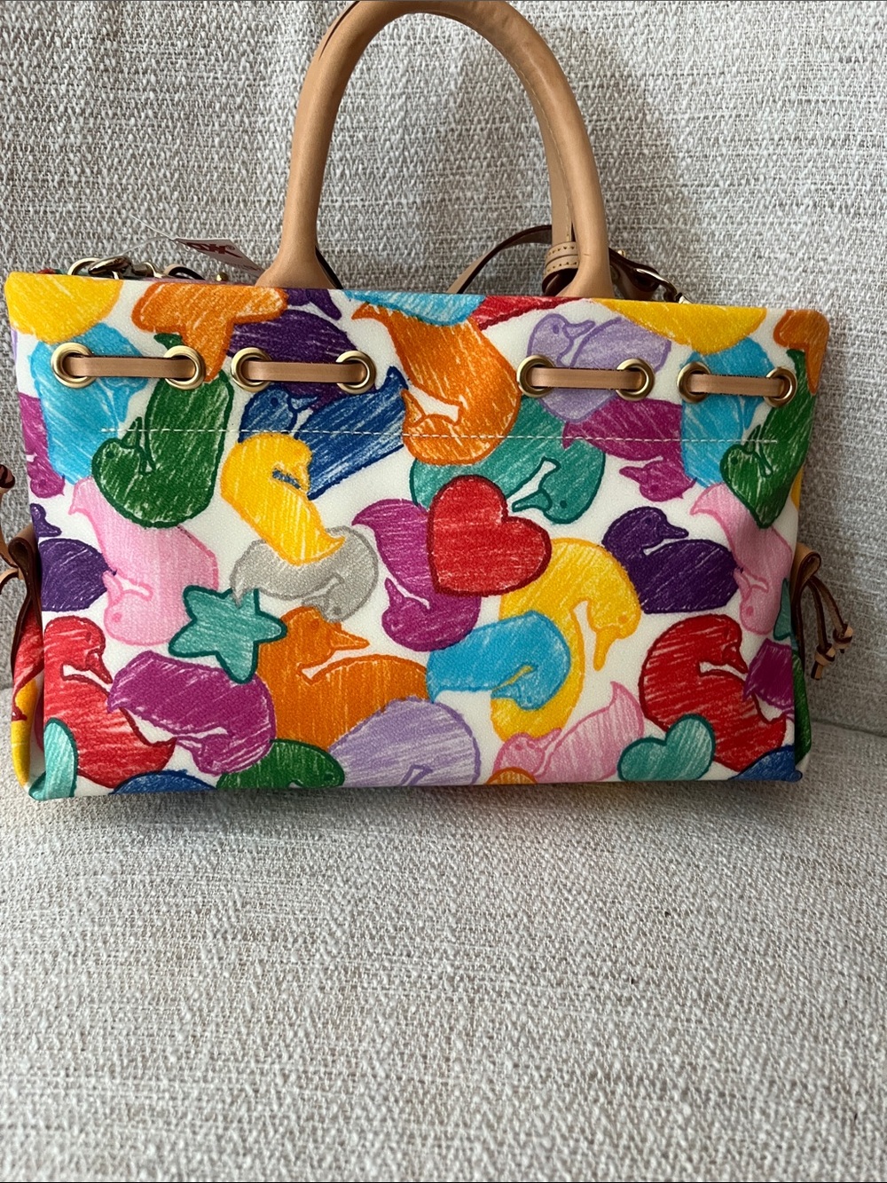 NWT Dooney & Bourke Multicolor Wonder Duck Satchel with Tan Leather Trim - Picture 4 of 11